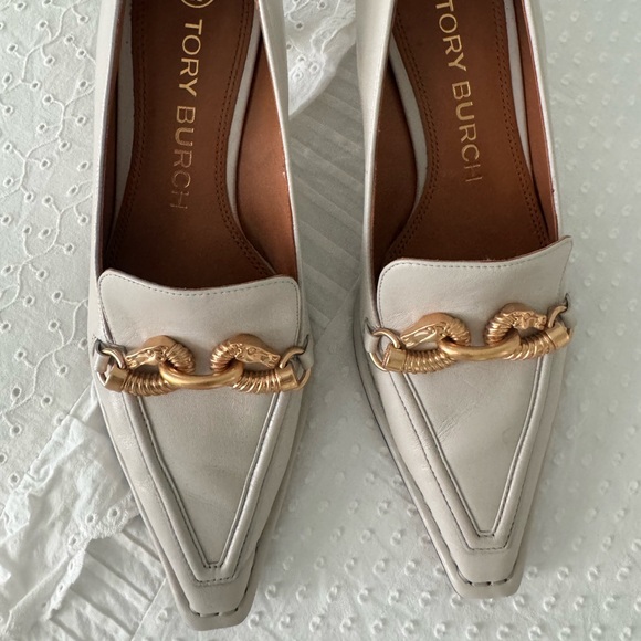 Tory Burch Shoes - Tory Burch Ivory Loafers with Gold Chain Detail